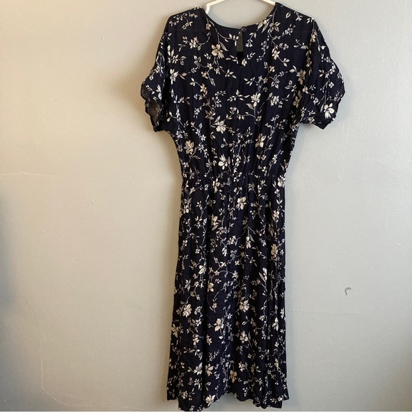 Scarlet maxi dress fit and flare navy blue floral size m vintage made in Canada - Picture 7 of 9